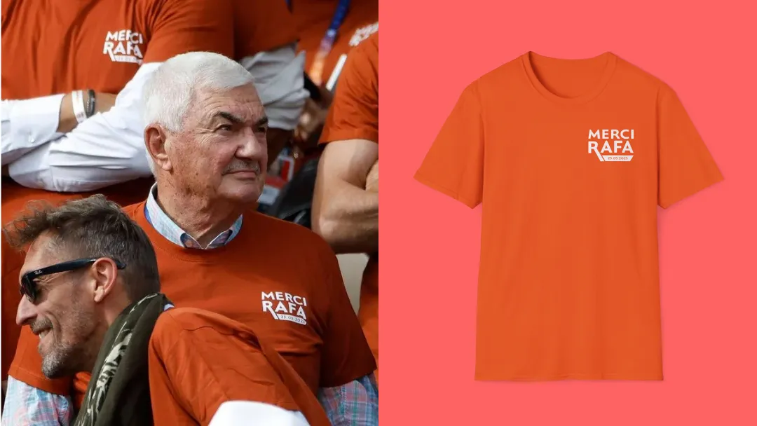 T-shirt hommage à Rafael Nadal avec l'inscription "Merci Rafa", porté par un fan à Roland-Garros."Merci Rafa" tribute t-shirt worn by a fan at Roland-Garros, honoring Rafael Nadal.